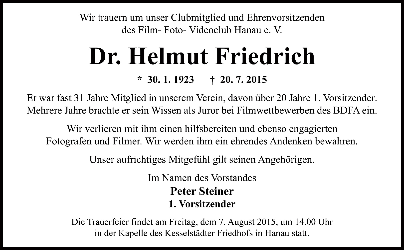 Nachruf HelmutFriedrich
