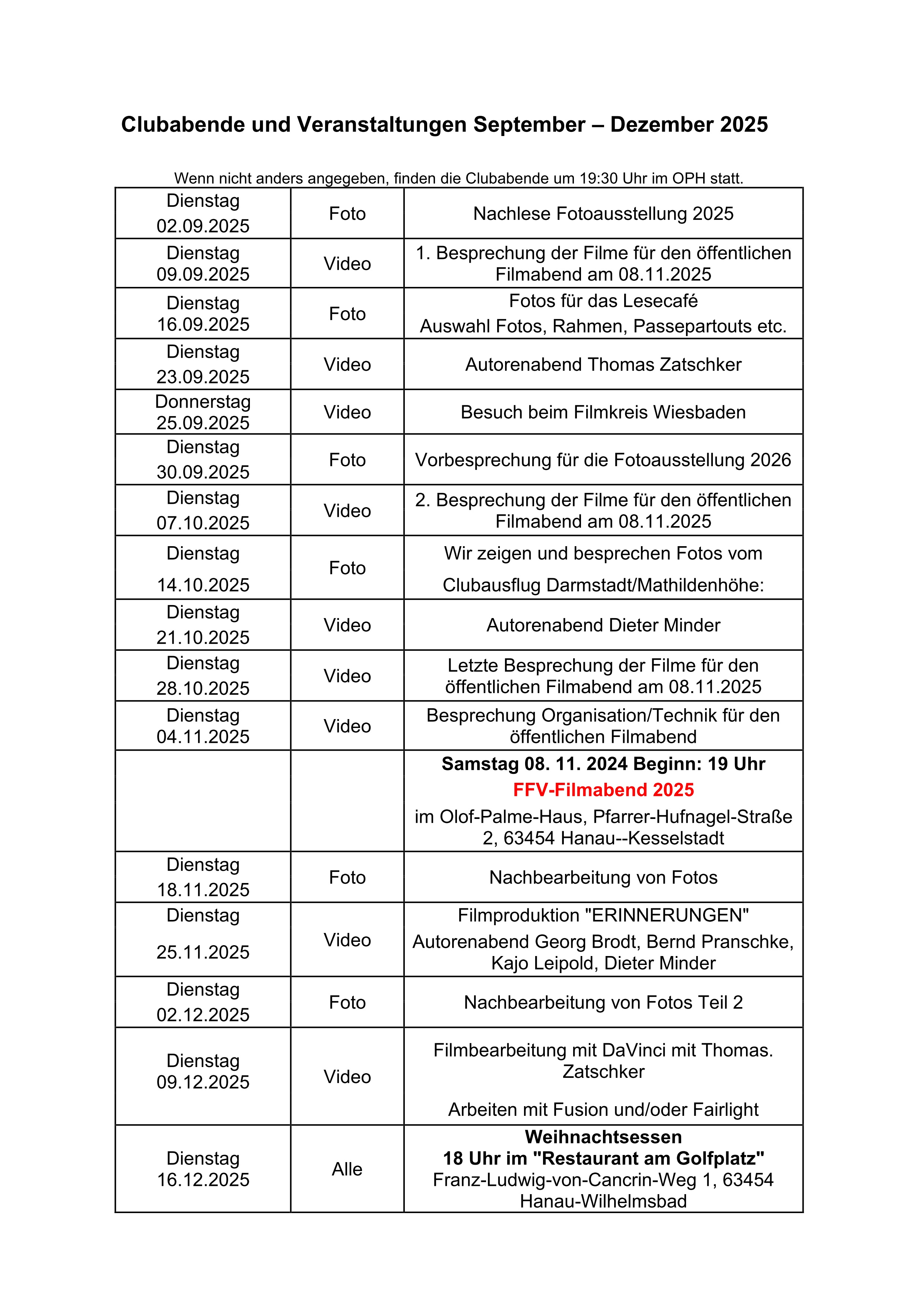 Clubprogramm 2025 3 September bis Dezember 2025